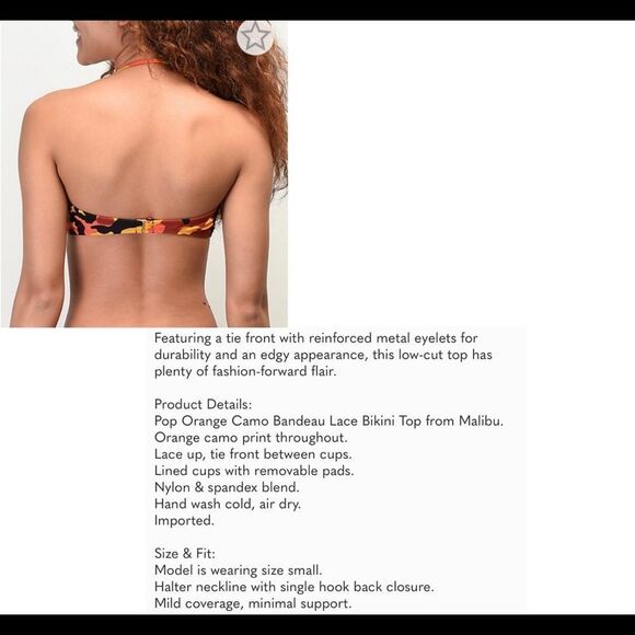 Malibu dream girl orange camo eyelet Lace-up bandeau bikini top Sz S NWOT - Picture 3 of 12